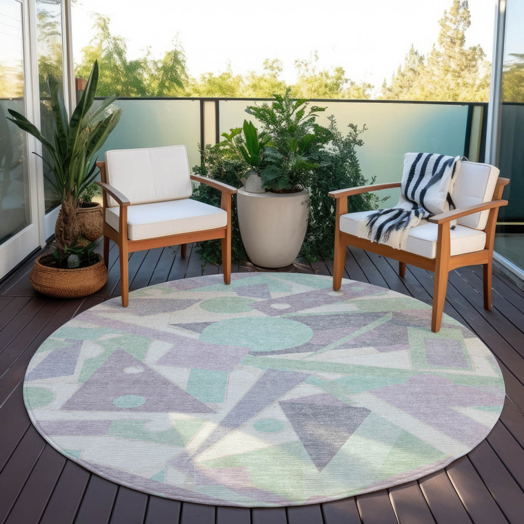 8' Lavender Mint Green And Ivory Round Geometric Washable Indoor Outdoor Area Rug