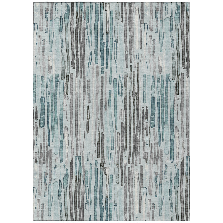 8' X 10' Teal Blue And Gray Striped Washable Indoor Outdoor Area Rug - Teal Blue, Gray