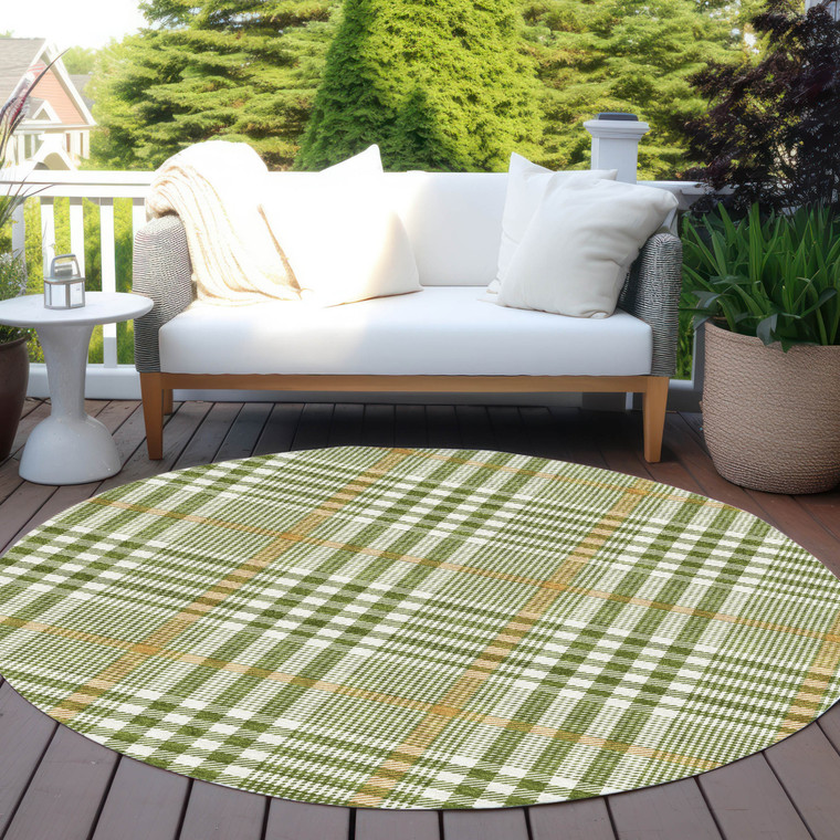 8' Olive Green Brown And Ivory Round Plaid Washable Indoor Outdoor Area Rug