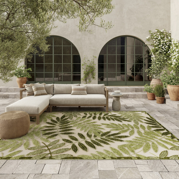10' X 14' Ivory And Green Palm Leaf Indoor Outdoor Area Rug