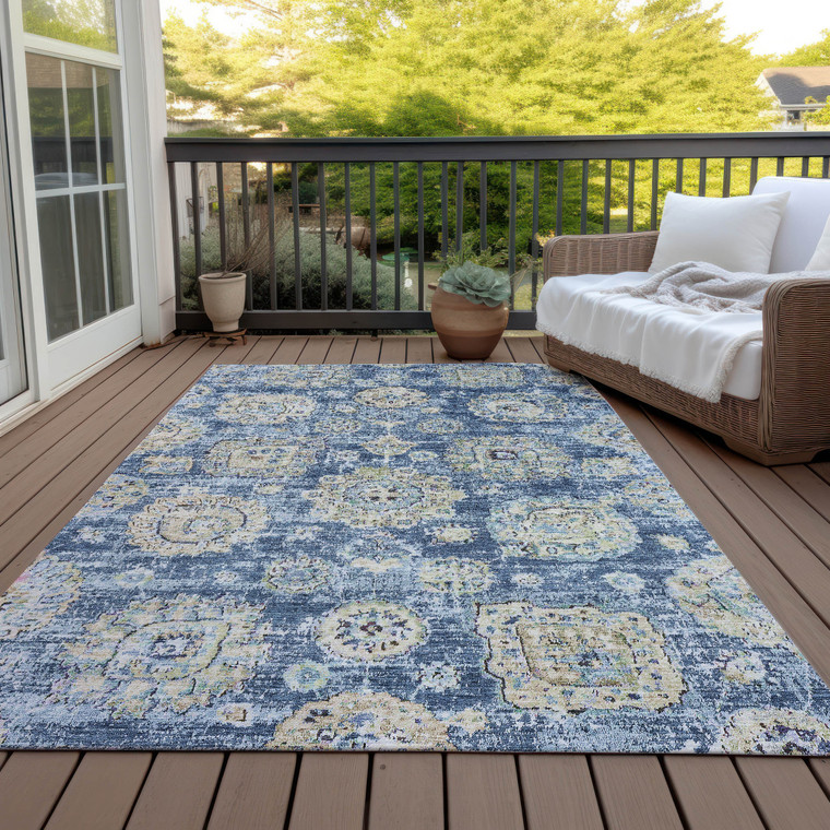 9' X 12' Navy Blue And Beige Floral Washable Indoor Outdoor Area Rug
