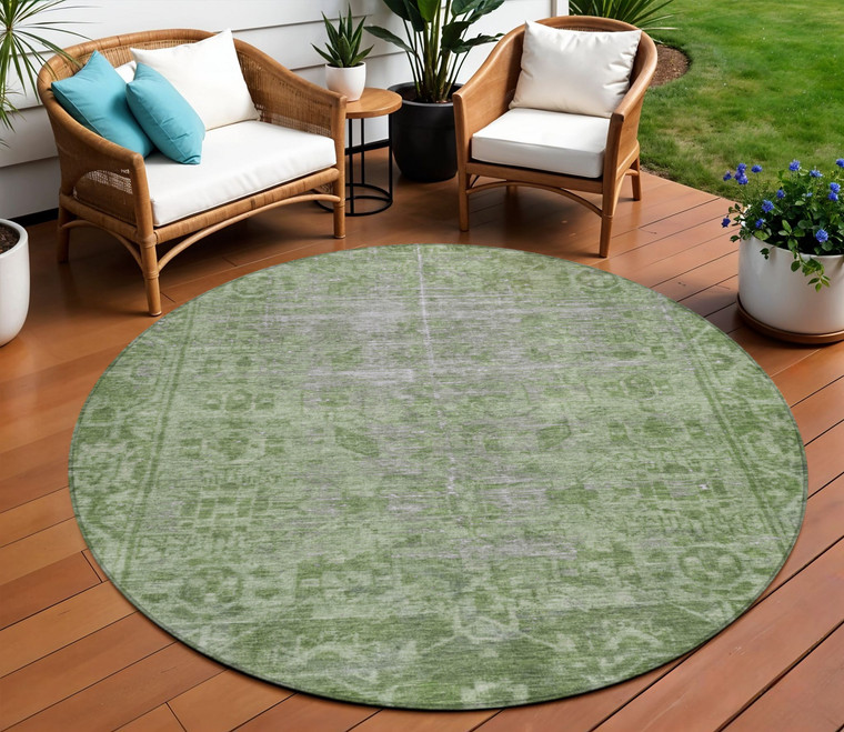 8' Fern Green Round Oriental Washable Indoor Outdoor Area Rug