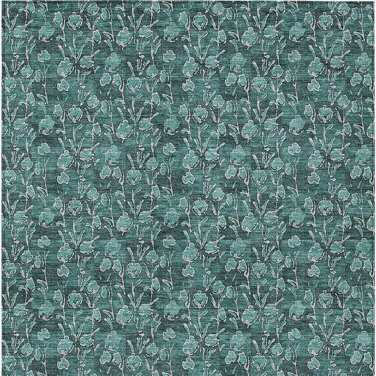 9' X 12' Teal Blue Aqua And Ivory Floral Washable Indoor Outdoor Area Rug - Teal Blue, Aqua, Ivory