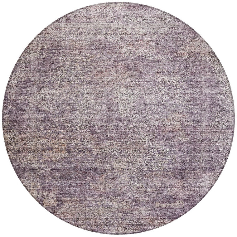8' Plum And Lavender Round Floral Washable Indoor Outdoor Area Rug - Plum, Lavender