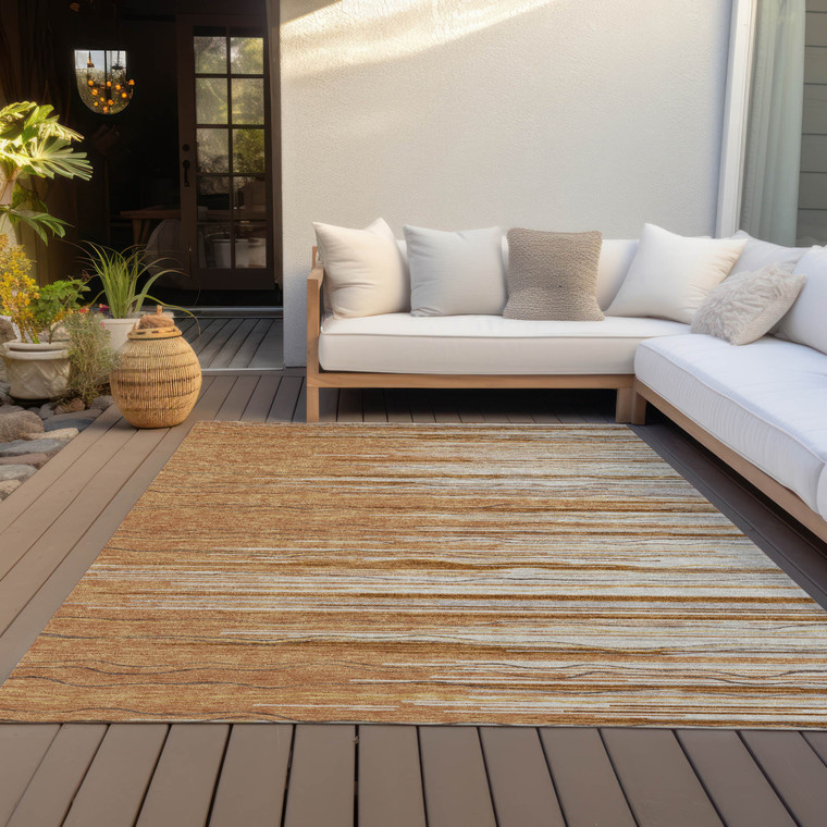 8' X 10' Brown Copper And Ivory Striped Washable Indoor Outdoor Area Rug