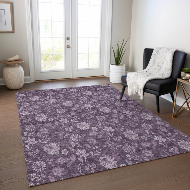 8' X 10' Plum Purple And Lavender Floral Washable Indoor Outdoor Area Rug