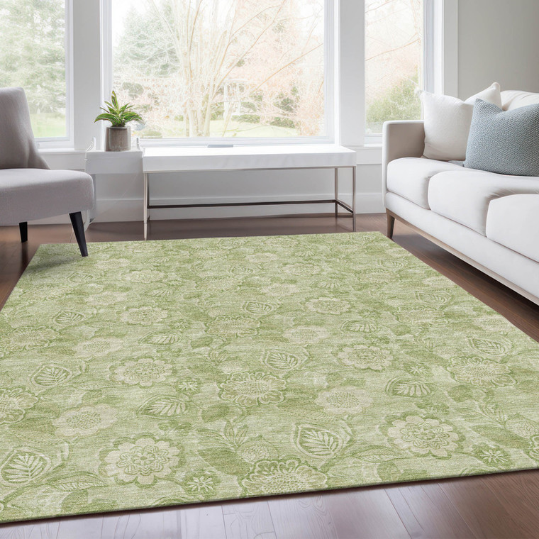 9' X 12' Sage And Mint Green Floral Washable Indoor Outdoor Area Rug - Sage, Mint Green