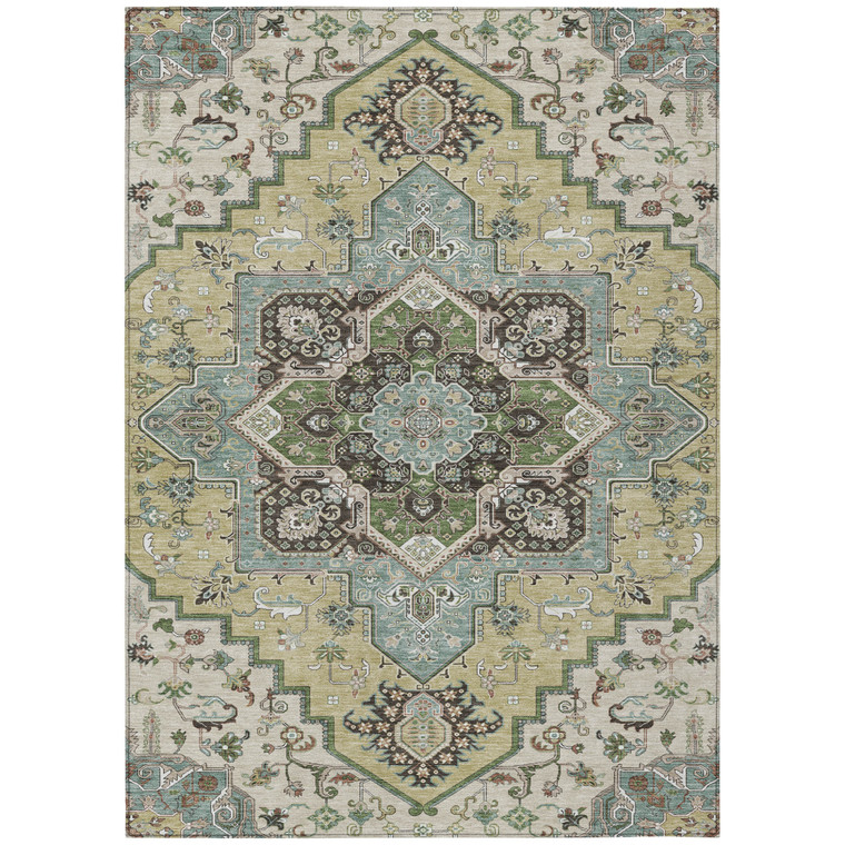 3' X 5' Beige Green And Brown Oriental Washable Indoor Outdoor Area Rug
