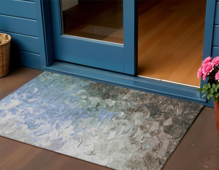 3' X 5' Denim Blue Taupe And Ivory Abstract Washable Indoor Outdoor Area Rug