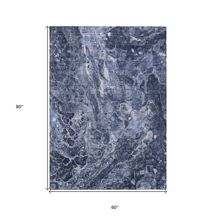 5' X 8' Navy Blue And Gray Abstract Washable Indoor Outdoor Area Rug - Navy Blue, Gray