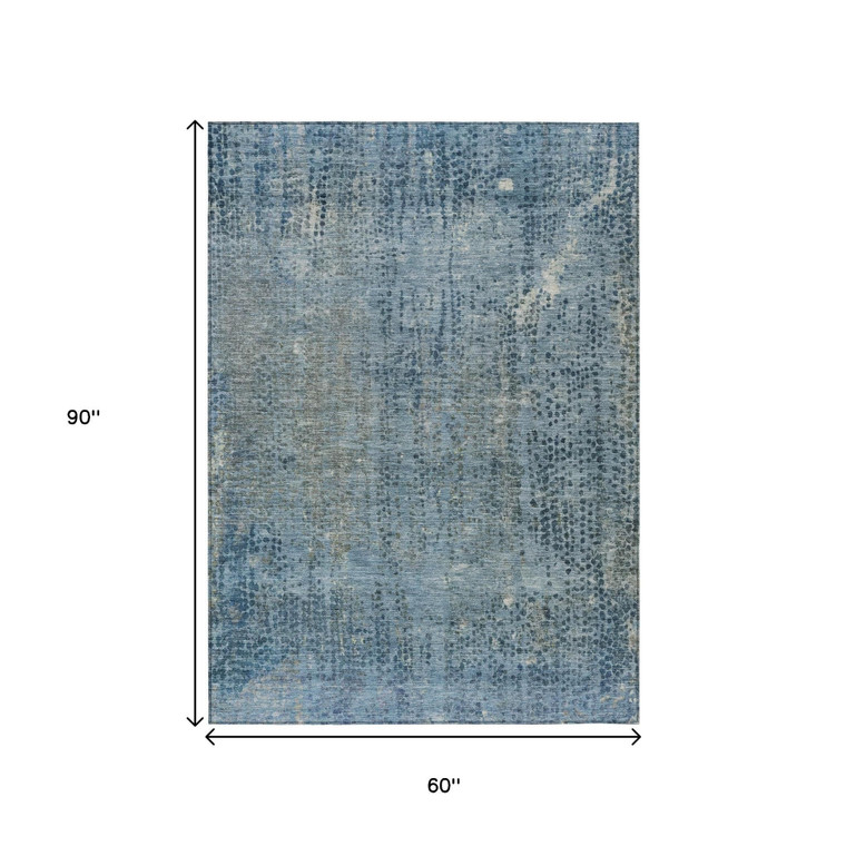 5' X 8' Blue And Ivory Abstract Washable Indoor Outdoor Area Rug - Blue, Ivory