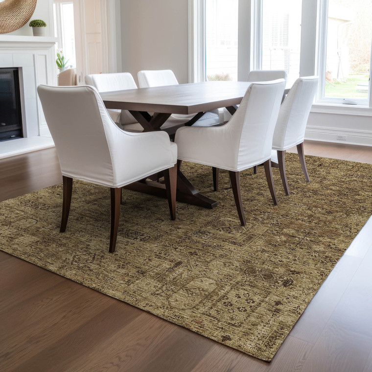 5' X 8' Brown And Taupe Floral Washable Indoor Outdoor Area Rug