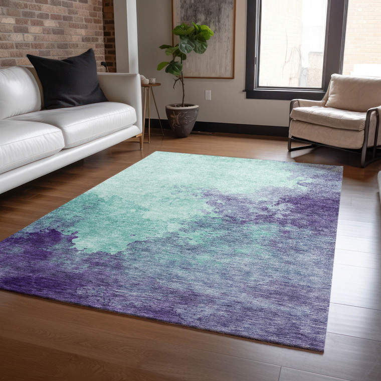 5' X 8' Blue And Purple Abstract Washable Indoor Outdoor Area Rug