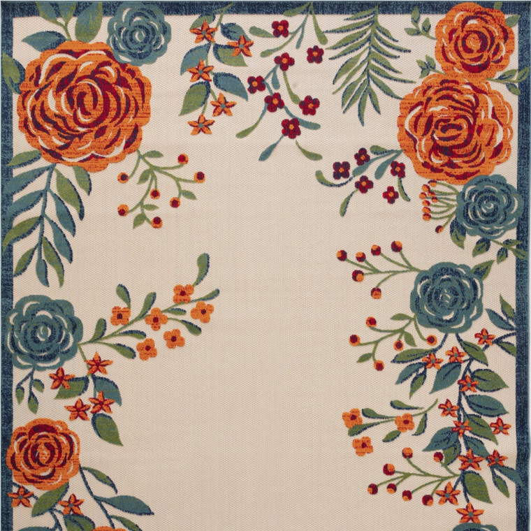 8' X 11' Ivory Blue And Orange Floral Indoor Outdoor Area Rug