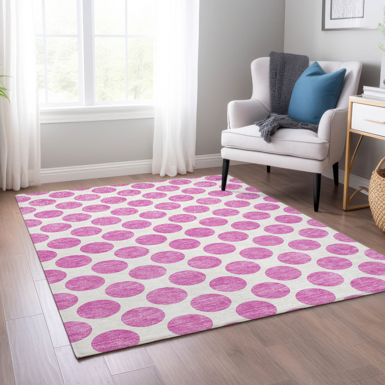 5' X 8' Blush And Ivory Polka Dot Washable Indoor Outdoor Area Rug