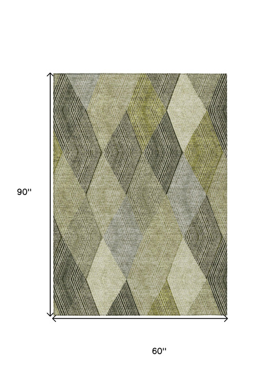 5' X 8' Olive Green Gray And Ivory Argyle Washable Indoor Outdoor Area Rug