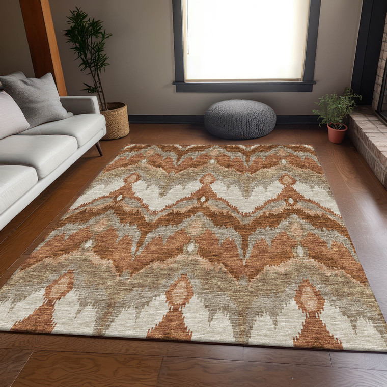 3' X 5' Orange Beige And Copper Ikat Washable Indoor Outdoor Area Rug