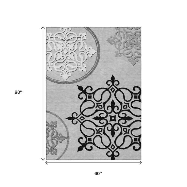 5' X 8' Gray Black And White Floral Medallion Washable Indoor Outdoor Area Rug