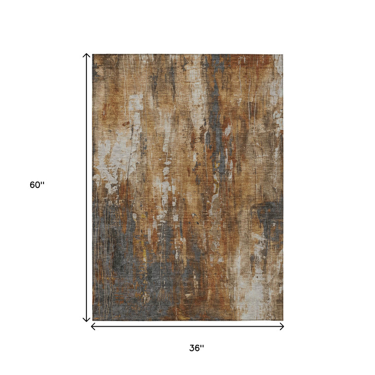 3' X 5' Rust Gray And Ivory Abstract Washable Indoor Outdoor Area Rug
