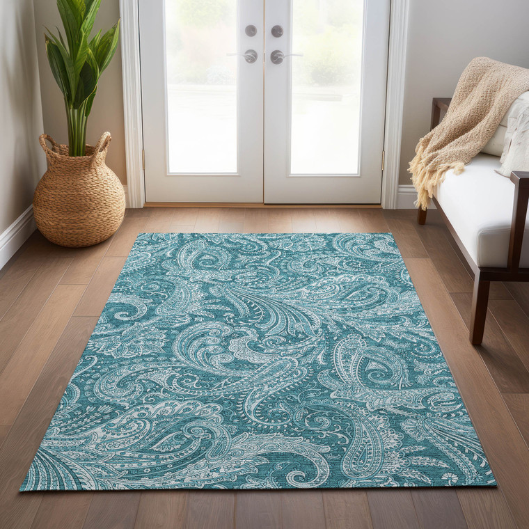 5' X 8' Turquoise And Ivory Paisley Washable Indoor Outdoor Area Rug
