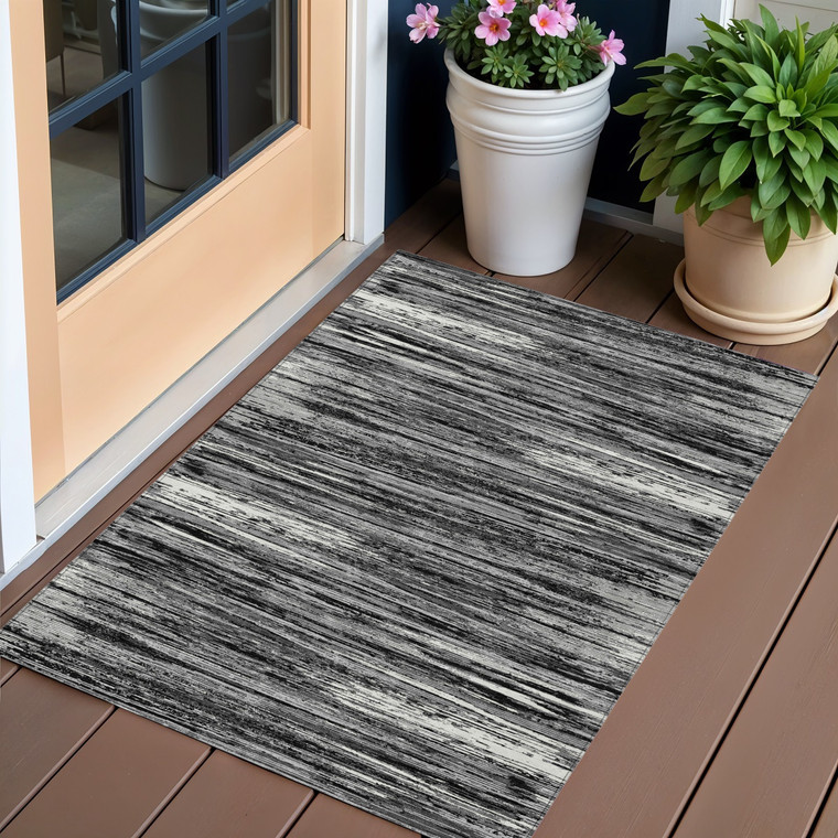 3' X 5' Black And Ivory Striped Washable Indoor Outdoor Area Rug Transitional Style - Black, Ivory Color