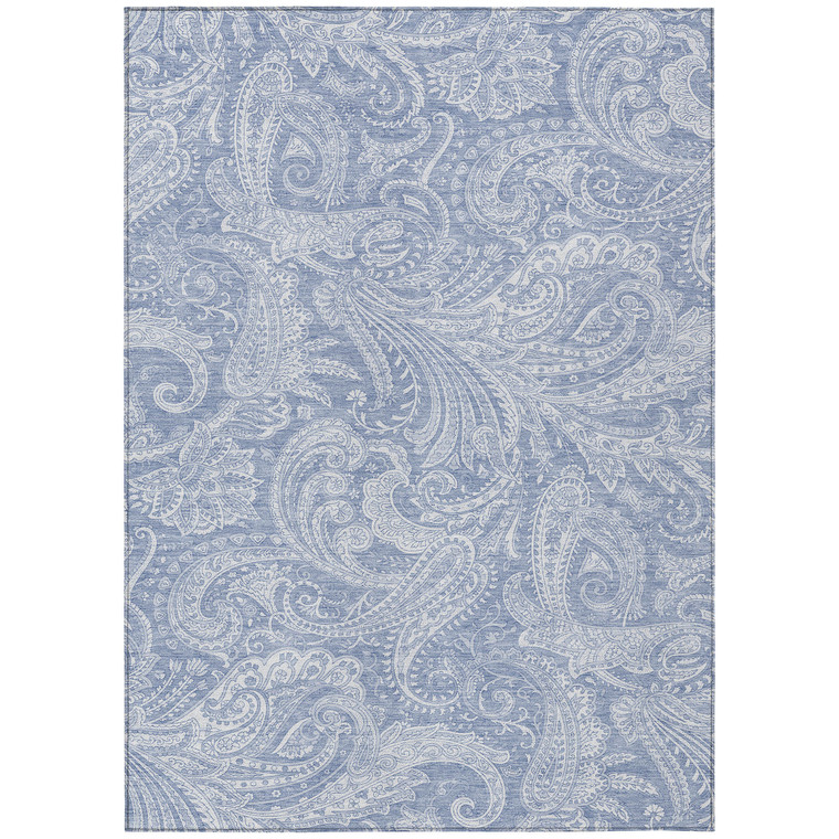 5' X 8' Denim Blue Sky Blue And Ivory Paisley Washable Indoor Outdoor Area Rug
