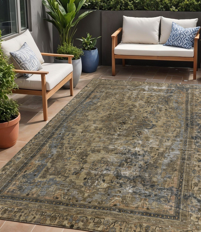 5' X 8' Brown And Denim Blue Medallion Washable Indoor Outdoor Area Rug
