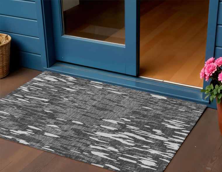 3' X 5' Gray And Ivory Abstract Washable Indoor Outdoor Area Rug Transitional Style - Gray, Ivory Color