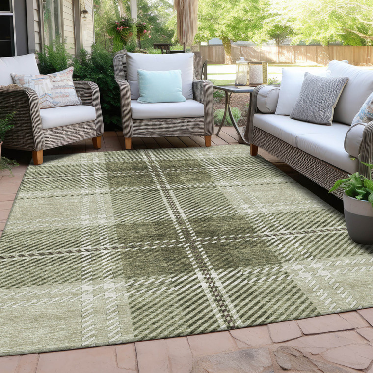5' X 8' Artichoke Green Brown And Ivory Plaid Washable Indoor Outdoor Area Rug