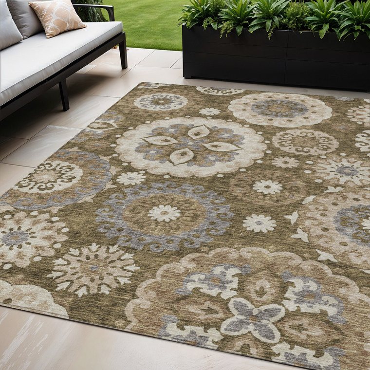 5' X 8' Brown Ivory And Beige Floral Medallion Washable Indoor Outdoor Area Rug