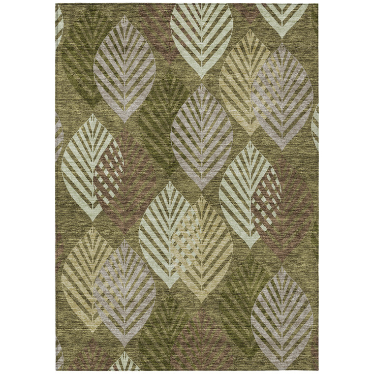 3' X 5' Olive Green Artichoke Green And Gray Floral Washable Indoor Outdoor Area Rug