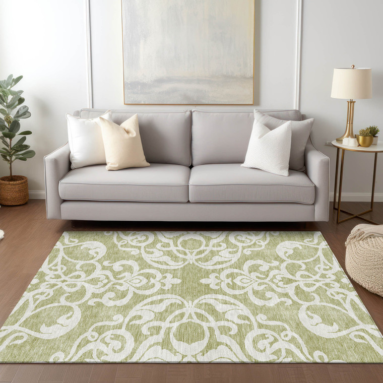 5' X 8' Sage And Ivory Damask Washable Indoor Outdoor Area Rug
