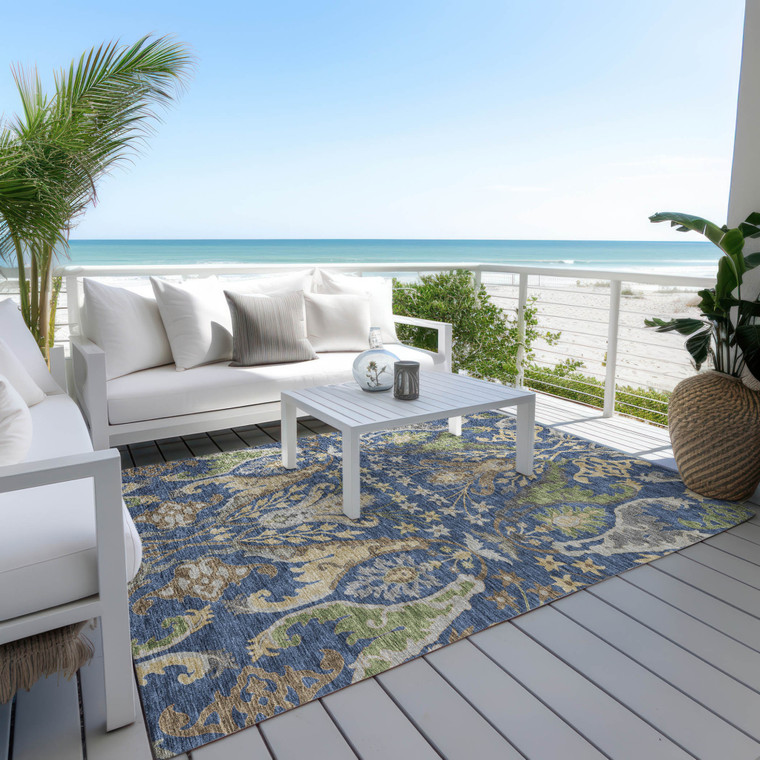 5' X 8' Navy Blue Green And Brown Floral Washable Indoor Outdoor Area Rug
