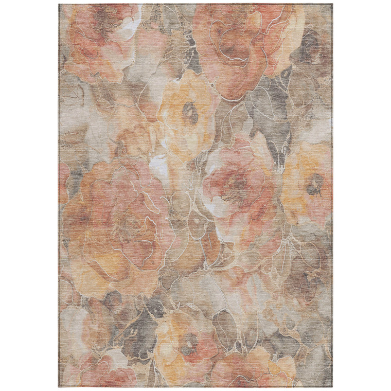 3' X 5' Peach And Gray Floral Washable Indoor Outdoor Area Rug