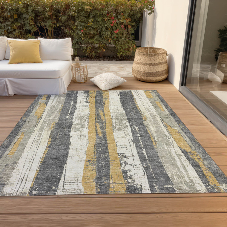 3' X 5' Gold And Gray Striped Washable Indoor Outdoor Area Rug - Gold, Gray