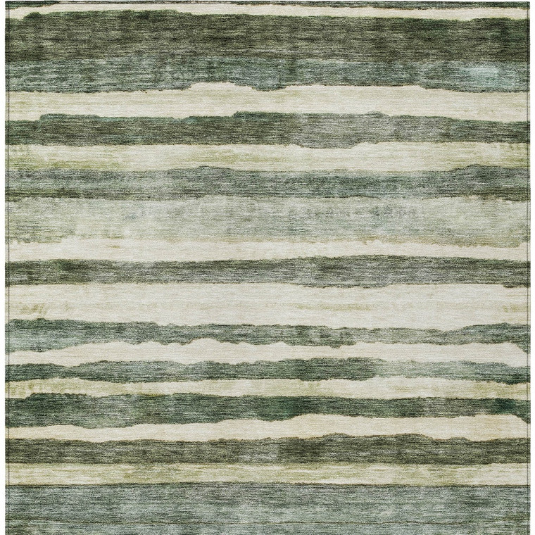 3' X 5' Sage And Beige Striped Washable Indoor Outdoor Area Rug
