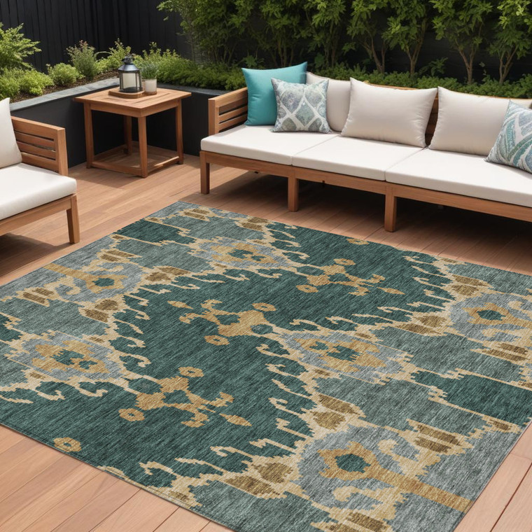 5' X 8' Green Gray And Gold Ikat Washable Indoor Outdoor Area Rug
