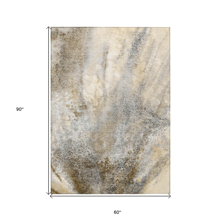 5' X 8' Beige Abstract Washable Non Skid Indoor Outdoor Area Rug