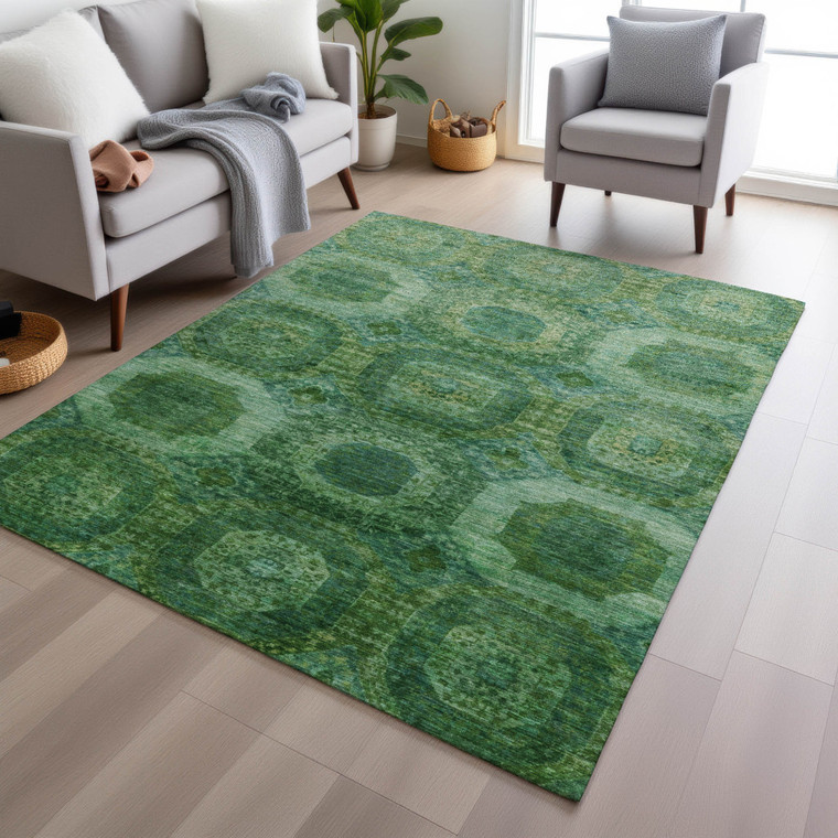 5' X 8' Emerald And Green Medallion Washable Indoor Outdoor Area Rug