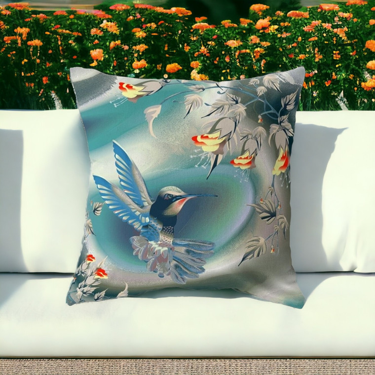 20" X 20" Blue and Gray Bird Blown Seam Floral Indoor Outdoor Throw Pillow Polyester and Cotton Blend