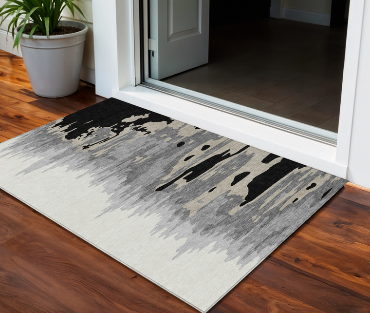 3' X 5' Black Gray And Ivory Abstract Washable Indoor Outdoor Area Rug Transitional Style - Black, Gray, Ivory Color