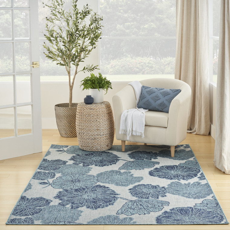 4' X 6' Navy Blue Ivory And Blue Floral Indoor Outdoor Area Rug