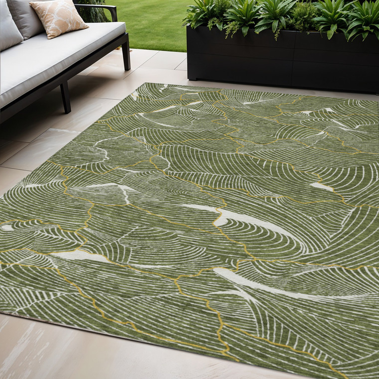 5' X 8' Olive Green Gold And Ivory Abstract Washable Indoor Outdoor Area Rug
