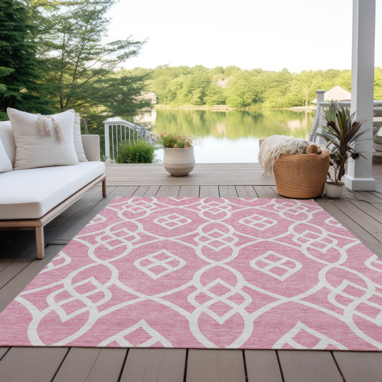 5' X 8' Pink And Ivory Trellis Washable Indoor Outdoor Area Rug