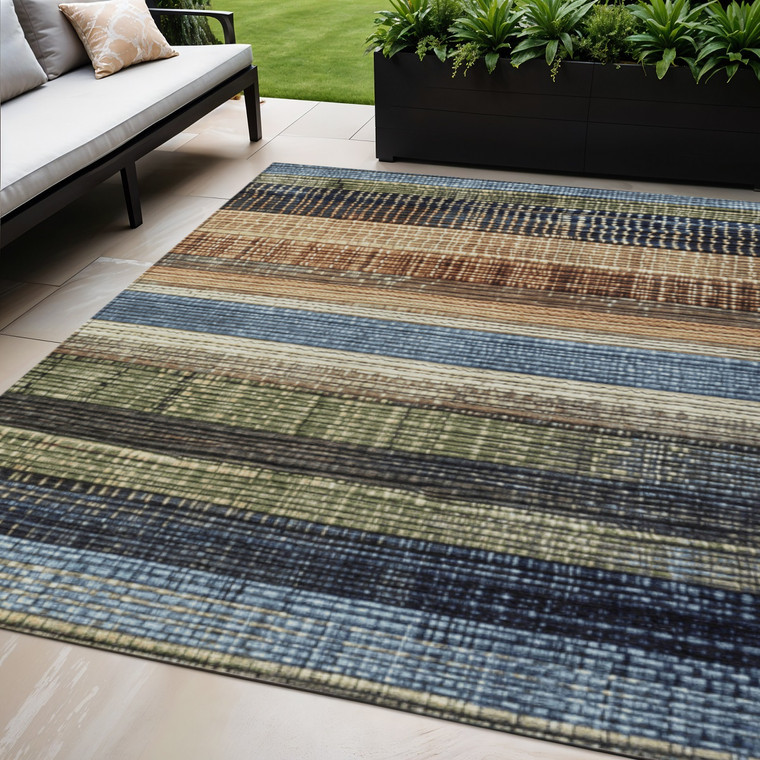 5' X 8' Blue And Brown Striped Washable Indoor Outdoor Area Rug