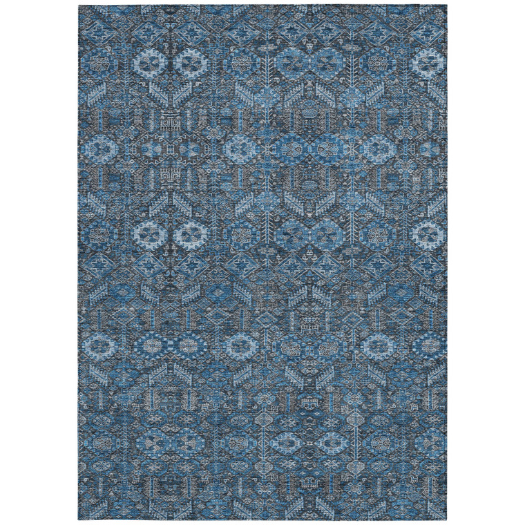 5' X 8' Blue and Black Floral Washable Non Skid Indoor Outdoor Area Rug