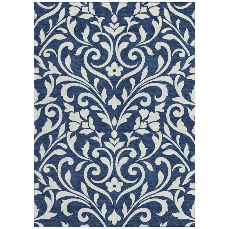 3' X 5' Navy Blue And Ivory Floral Washable Indoor Outdoor Area Rug