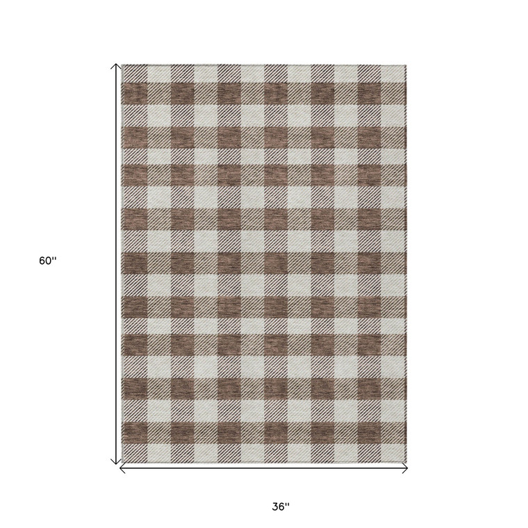3' X 5' Brown And Beige Plaid Washable Indoor Outdoor Area Rug - 608219033231