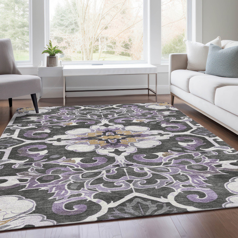 3' X 5' Purple And Charcoal Damask Washable Indoor Outdoor Area Rug