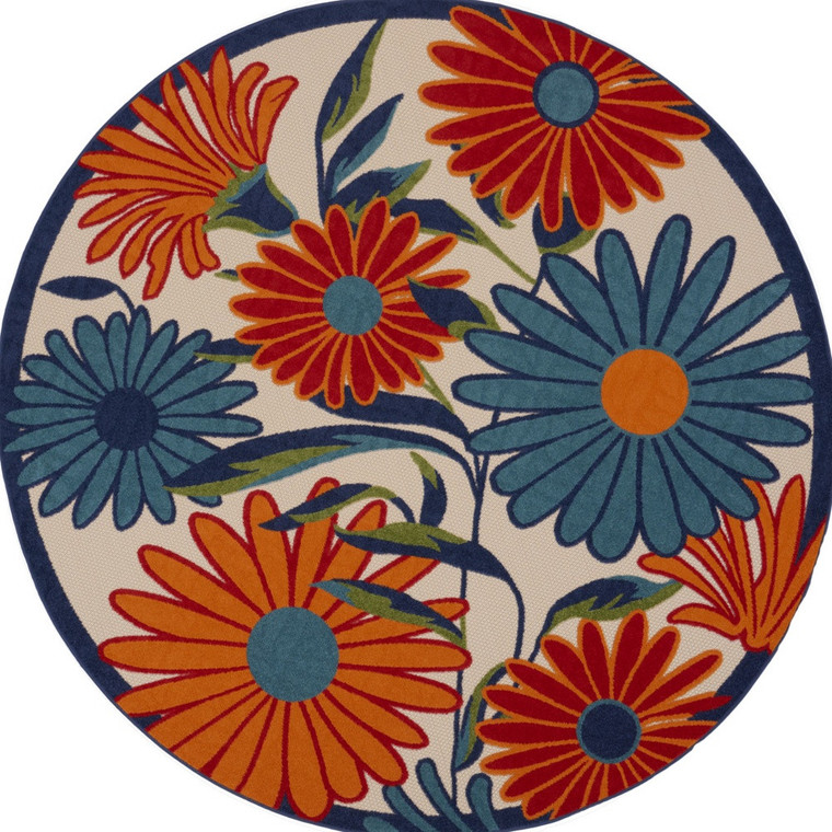 8' Ivory Orange and Blue Round Floral Indoor Outdoor Area Rug - Ivory, Orange, Blue